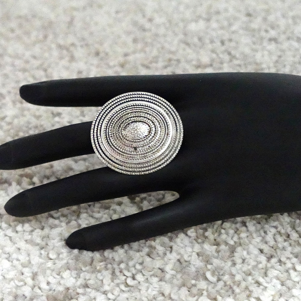 Silver Tone Textured Concentric Oval Statement Stretch Ring
